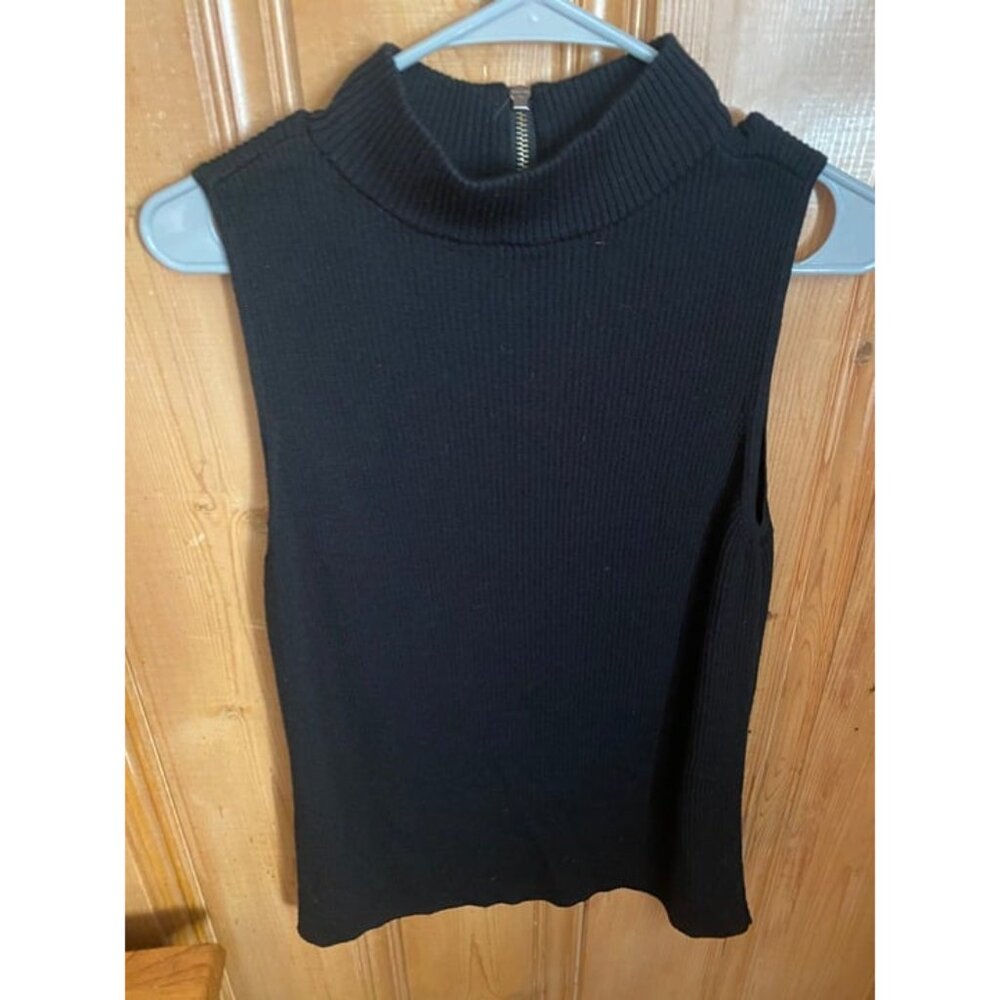 Alfani Black sleeveless ribbed mock neck   half zip in back tank top L